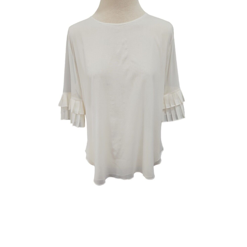 Women's Size 6 Luba Dressy Ivory Silk 2 Layer Sheer Blouse Ruffle Short Sleeves